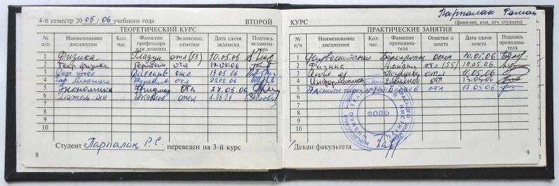 Зачетка с оценками